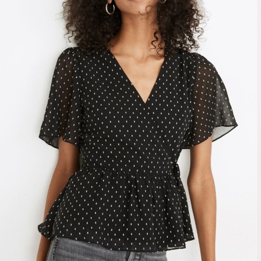 Madewell Flutter Sleeve Peplum‎ Wrap Top Clip Dot Black White V Neck Party XS